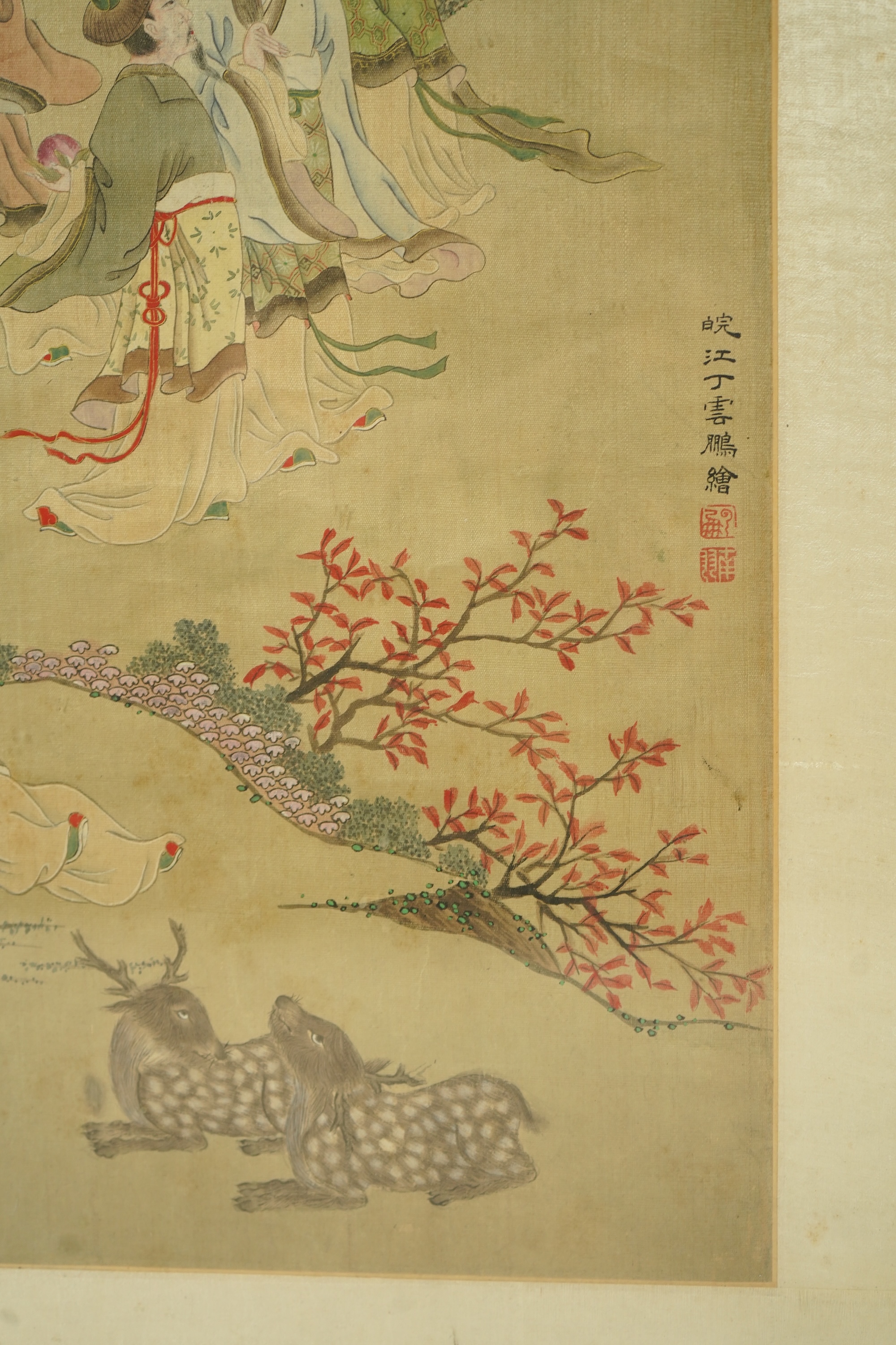 Chinese School , (late 19th century), Immortals in a landscape, Ink and colour on silk, 114.5cm x 40.5cm, excluding brocade border